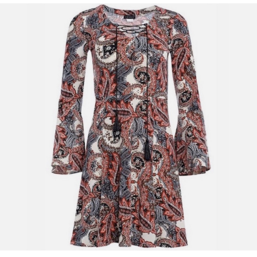 VENUS Boho Paisley Long Sleeve Dress with Tie Front